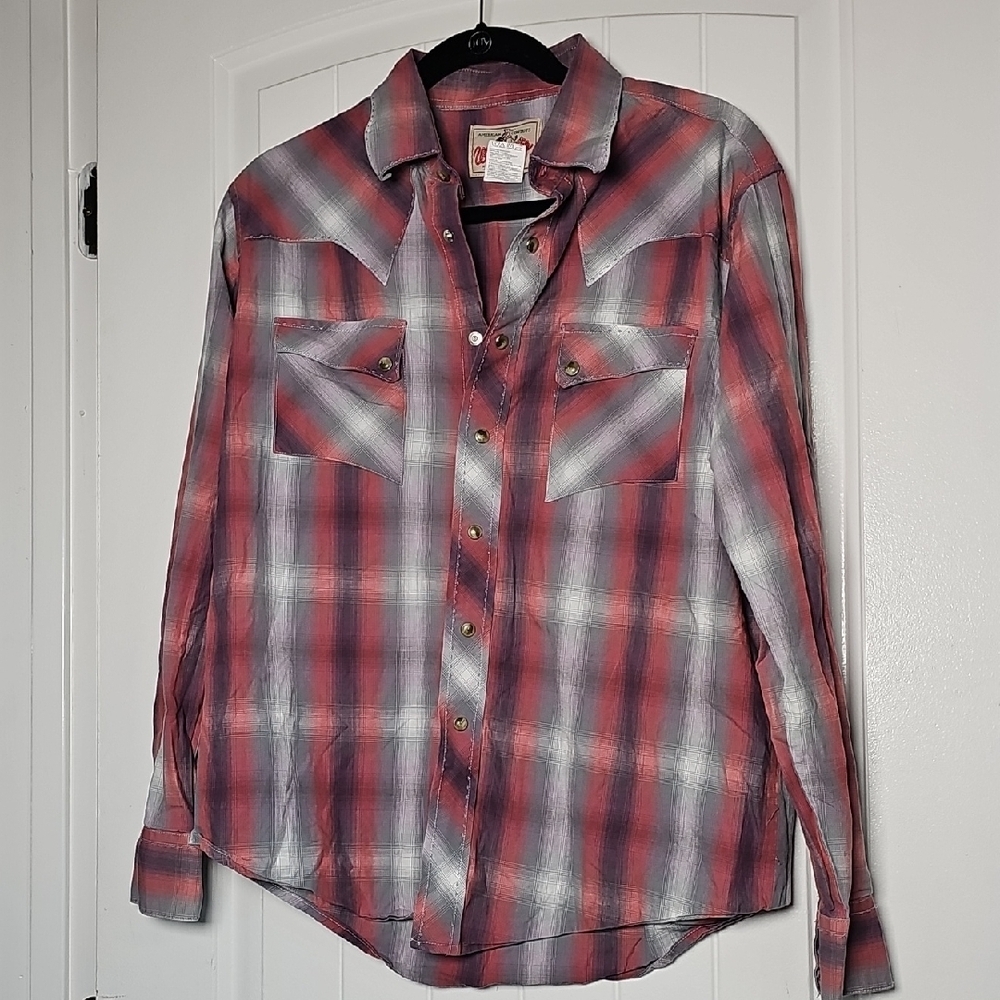 Wrangler Med Casual Pink/grey Western Plaid Button-Down Shirt